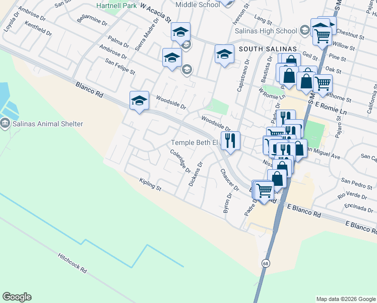 map of restaurants, bars, coffee shops, grocery stores, and more near 307 De La Vina Way in Salinas