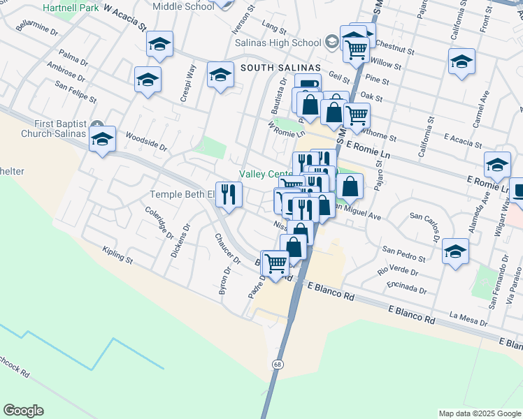 map of restaurants, bars, coffee shops, grocery stores, and more near 116 Nissen Road in Salinas
