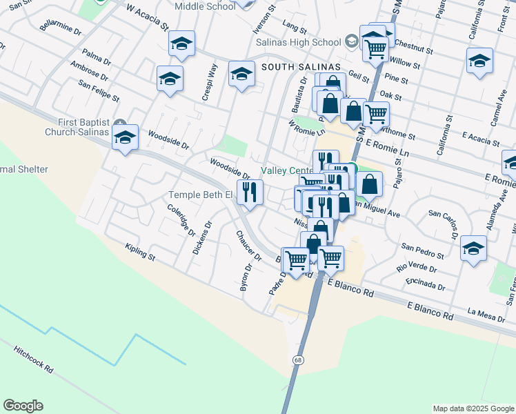 map of restaurants, bars, coffee shops, grocery stores, and more near 130 Nissen Road in Salinas