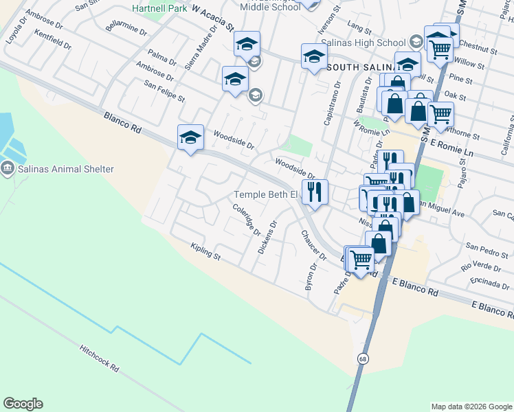 map of restaurants, bars, coffee shops, grocery stores, and more near 307 De La Vina Way in Salinas