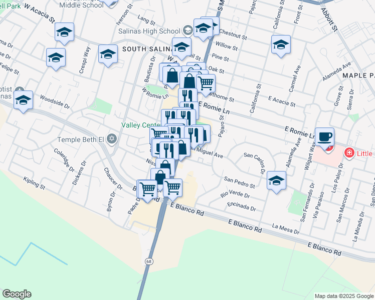 map of restaurants, bars, coffee shops, grocery stores, and more near 1120 South Main Street in Salinas