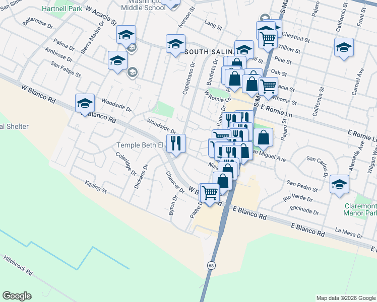 map of restaurants, bars, coffee shops, grocery stores, and more near 130 Nissen Road in Salinas