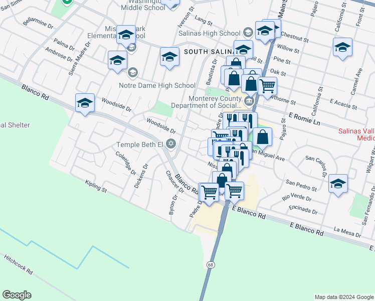 map of restaurants, bars, coffee shops, grocery stores, and more near 130 Nissen Road in Salinas