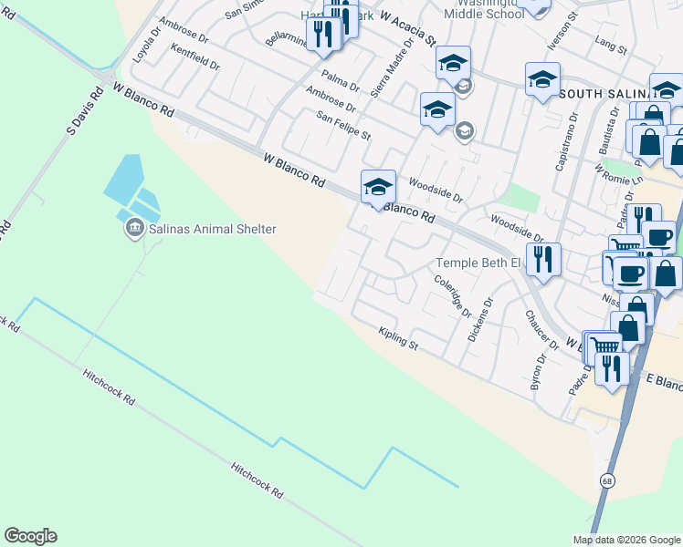 map of restaurants, bars, coffee shops, grocery stores, and more near 1354 Las Cruces Court in Salinas