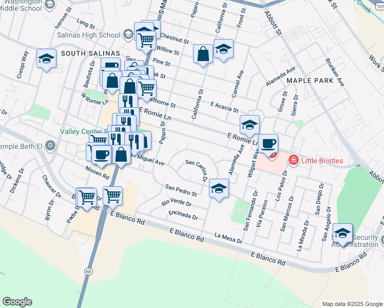 map of restaurants, bars, coffee shops, grocery stores, and more near 106 San Juan Drive in Salinas