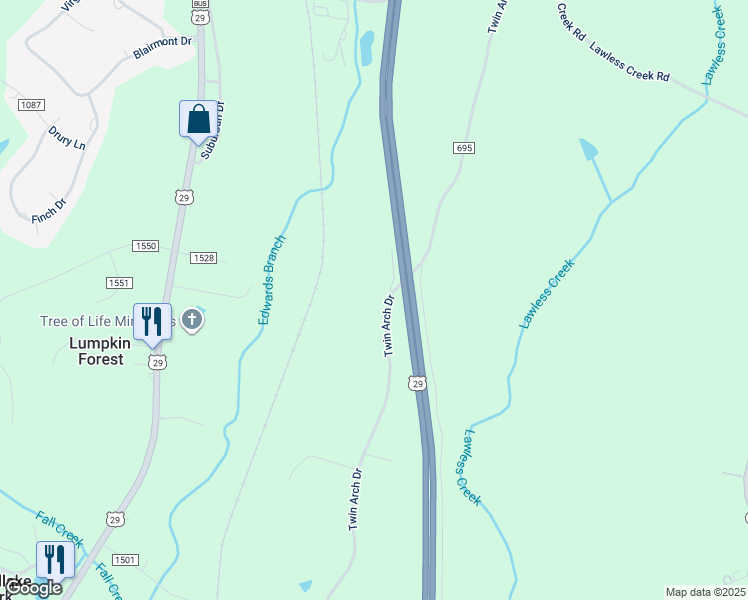 map of restaurants, bars, coffee shops, grocery stores, and more near 2345 Twin Arch Drive in Danville