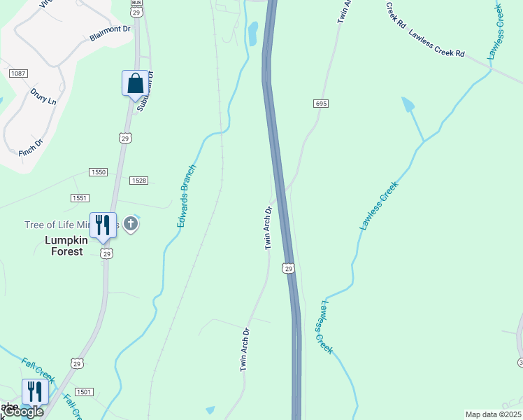 map of restaurants, bars, coffee shops, grocery stores, and more near 2345 Twin Arch Drive in Danville