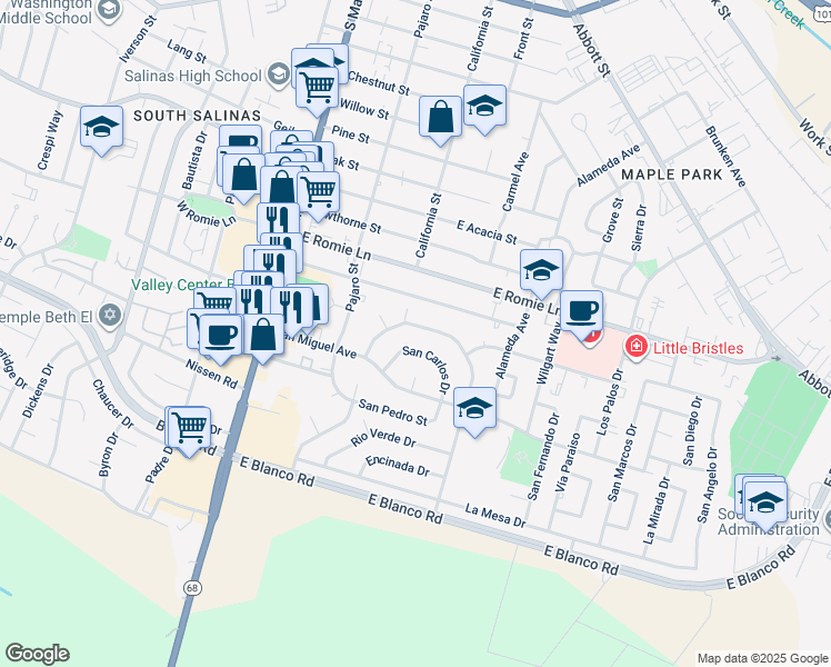 map of restaurants, bars, coffee shops, grocery stores, and more near 106 San Juan Drive in Salinas