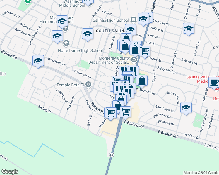 map of restaurants, bars, coffee shops, grocery stores, and more near 116 Nissen Road in Salinas