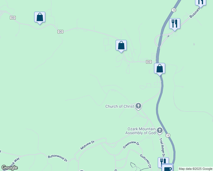 map of restaurants, bars, coffee shops, grocery stores, and more near 99 Kristina Lane in Kimberling City