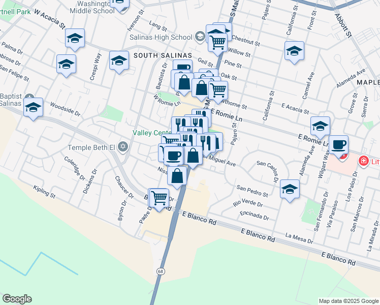map of restaurants, bars, coffee shops, grocery stores, and more near 1120 South Main Street in Salinas