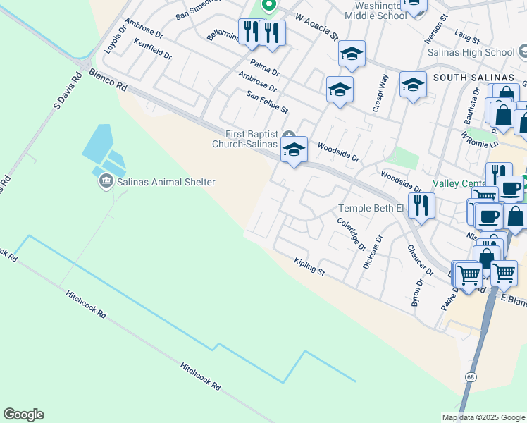 map of restaurants, bars, coffee shops, grocery stores, and more near 1356 Las Cruces Court in Salinas
