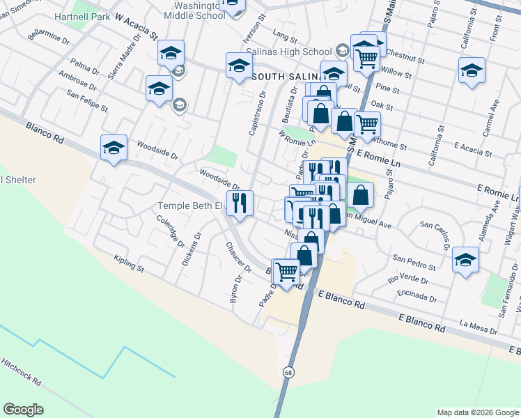 map of restaurants, bars, coffee shops, grocery stores, and more near 132 Nissen Road in Salinas
