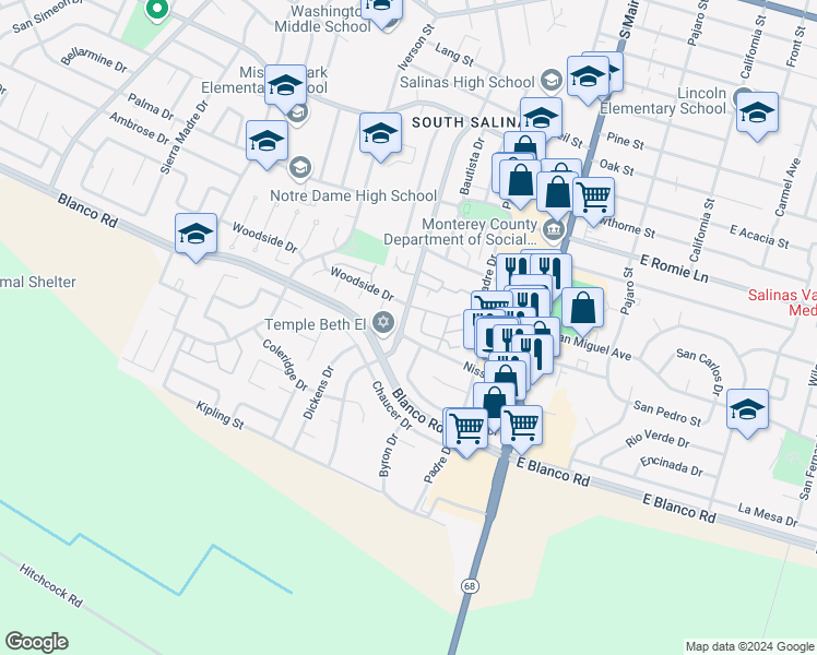 map of restaurants, bars, coffee shops, grocery stores, and more near 130 Nissen Road in Salinas
