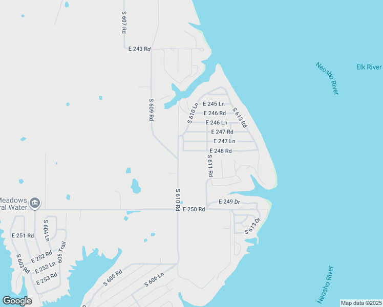 map of restaurants, bars, coffee shops, grocery stores, and more near 61035 East 248 Road in Grove