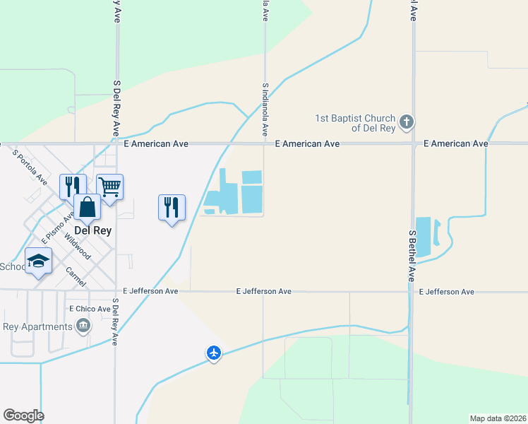 map of restaurants, bars, coffee shops, grocery stores, and more near S Indianola Ave in Del Rey