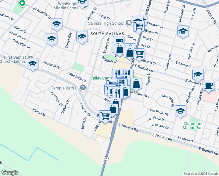 map of restaurants, bars, coffee shops, grocery stores, and more near 30 West San Joaquin Street in Salinas