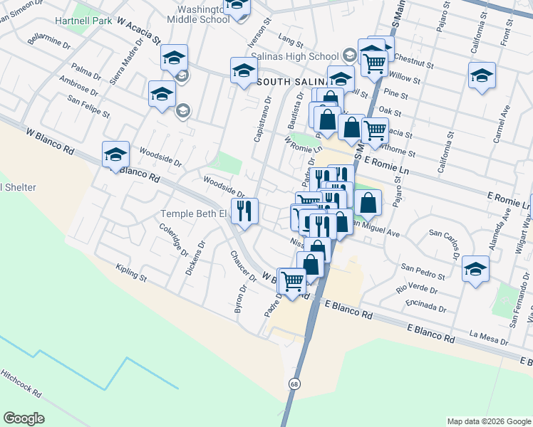 map of restaurants, bars, coffee shops, grocery stores, and more near 130 Nissen Road in Salinas