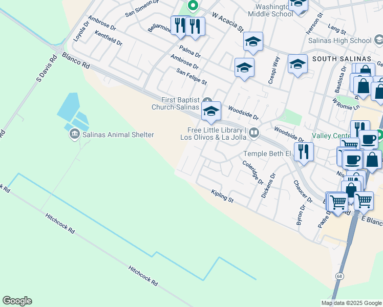 map of restaurants, bars, coffee shops, grocery stores, and more near 1354 Las Cruces Court in Salinas