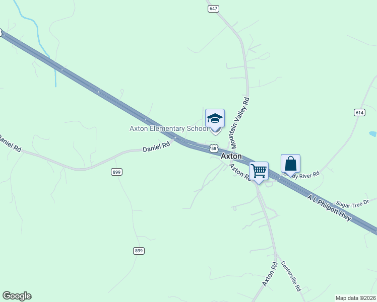 map of restaurants, bars, coffee shops, grocery stores, and more near 1601 A L Philpott Highway in Axton