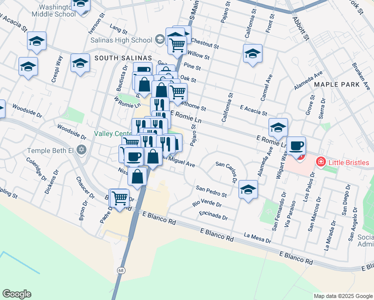 map of restaurants, bars, coffee shops, grocery stores, and more near 1058 Pajaro Street in Salinas