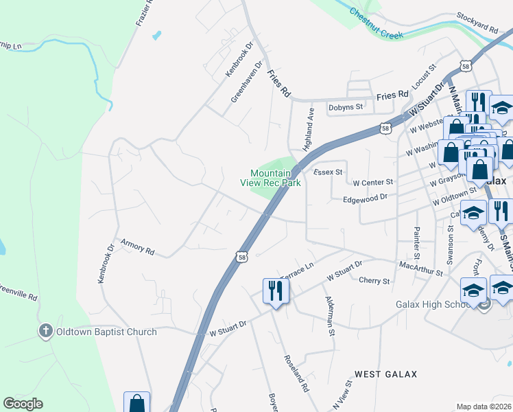 map of restaurants, bars, coffee shops, grocery stores, and more near 118-158 Armory Road in Galax
