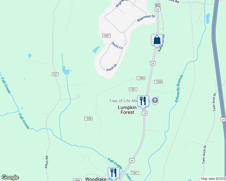 map of restaurants, bars, coffee shops, grocery stores, and more near 205 Forestroad Drive in Danville