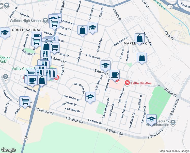 map of restaurants, bars, coffee shops, grocery stores, and more near 321 Katherine Avenue in Salinas