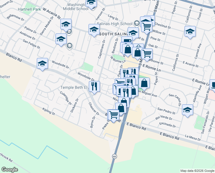 map of restaurants, bars, coffee shops, grocery stores, and more near 118 Nissen Road in Salinas