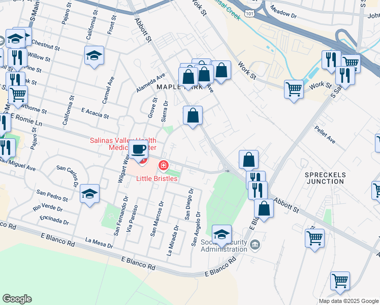 map of restaurants, bars, coffee shops, grocery stores, and more near 710 Fairmont Drive in Salinas
