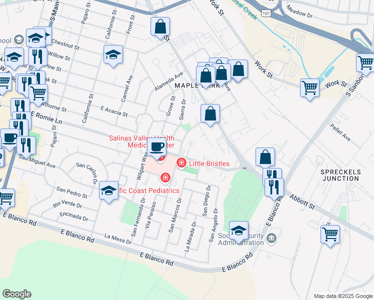 map of restaurants, bars, coffee shops, grocery stores, and more near 8 Los Palos Drive in Salinas