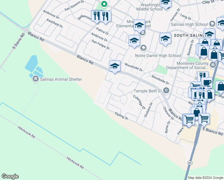 map of restaurants, bars, coffee shops, grocery stores, and more near 1270 San Blanco Drive in Salinas