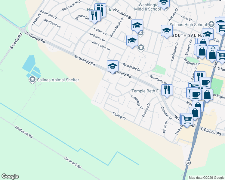 map of restaurants, bars, coffee shops, grocery stores, and more near 1217 La Canada Way in Salinas
