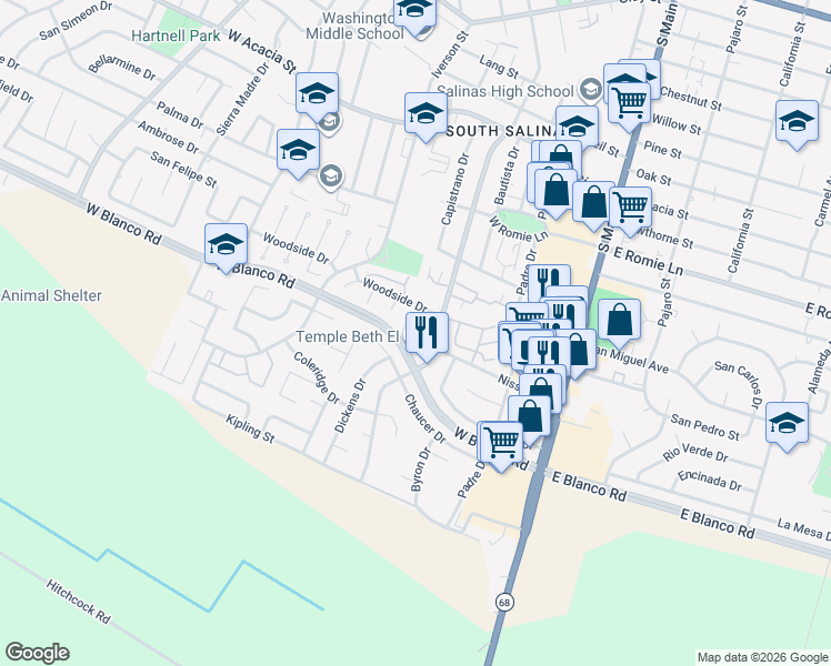 map of restaurants, bars, coffee shops, grocery stores, and more near 1122 Teakwood Place in Salinas