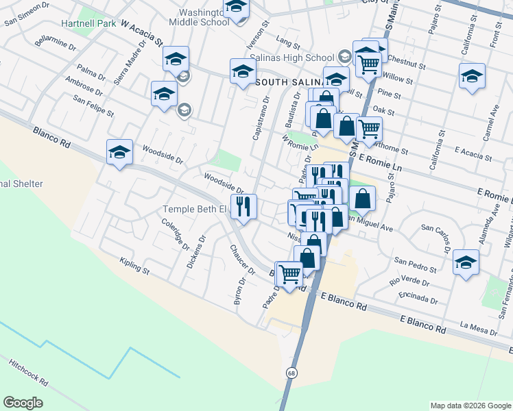 map of restaurants, bars, coffee shops, grocery stores, and more near 130 Nissen Road in Salinas