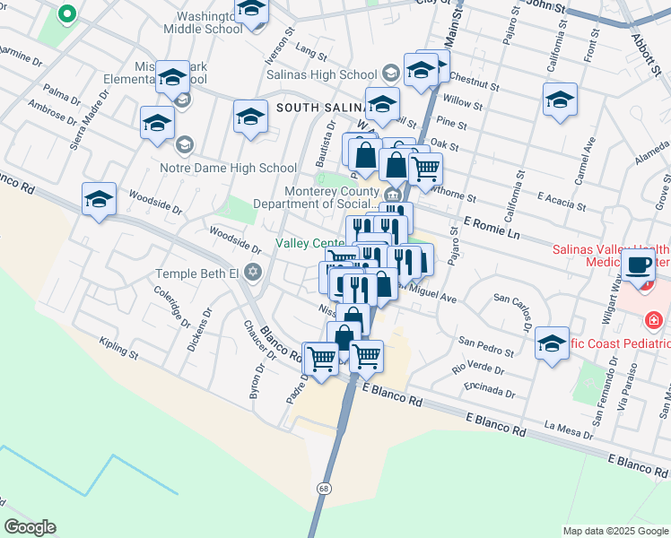 map of restaurants, bars, coffee shops, grocery stores, and more near 1067 Padre Drive in Salinas