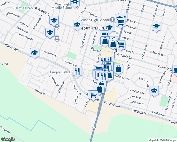 map of restaurants, bars, coffee shops, grocery stores, and more near 118 Nissen Road in Salinas