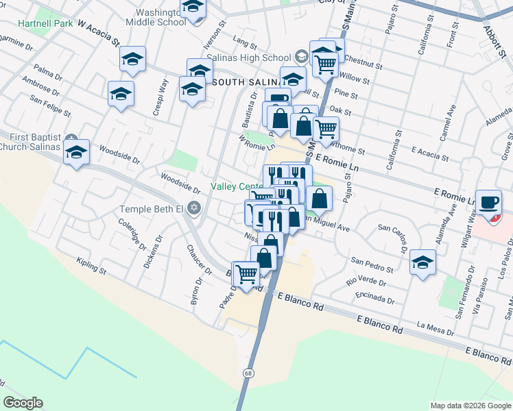 map of restaurants, bars, coffee shops, grocery stores, and more near 1067 Padre Drive in Salinas