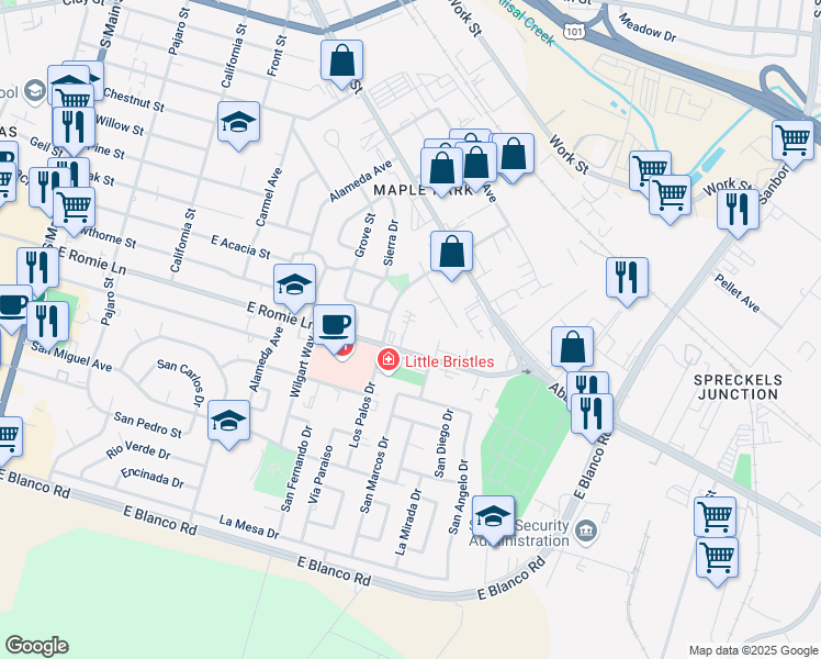map of restaurants, bars, coffee shops, grocery stores, and more near 8 Los Palos Drive in Salinas