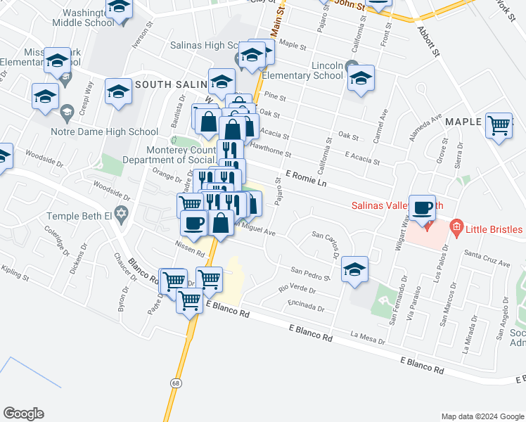 map of restaurants, bars, coffee shops, grocery stores, and more near 1058 Pajaro Street in Salinas