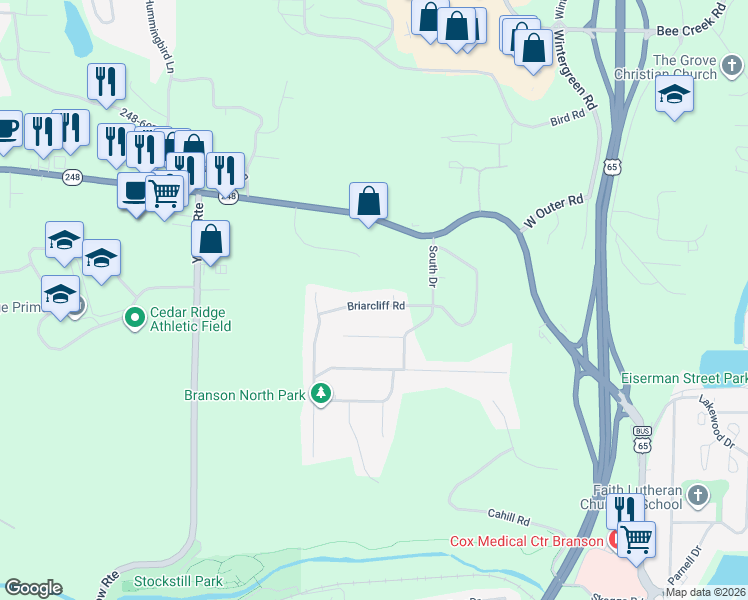 map of restaurants, bars, coffee shops, grocery stores, and more near 110 Briarcliff Rd in Branson
