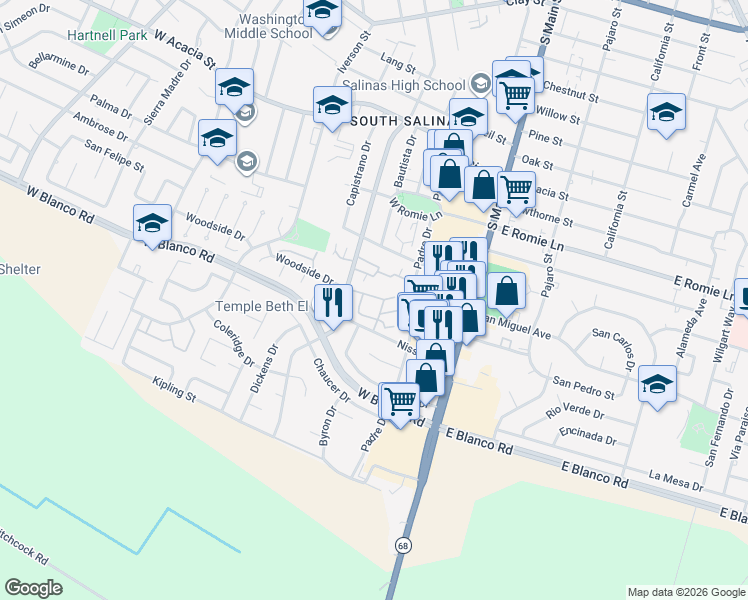 map of restaurants, bars, coffee shops, grocery stores, and more near 130 Nissen Road in Salinas