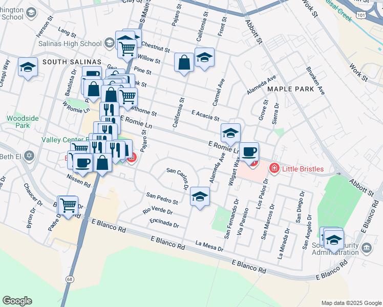 map of restaurants, bars, coffee shops, grocery stores, and more near 246 Katherine Avenue in Salinas