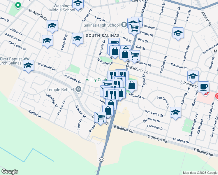 map of restaurants, bars, coffee shops, grocery stores, and more near 30 West San Joaquin Street in Salinas
