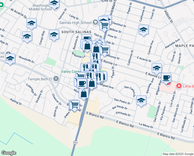 map of restaurants, bars, coffee shops, grocery stores, and more near 47 San Miguel Avenue in Salinas