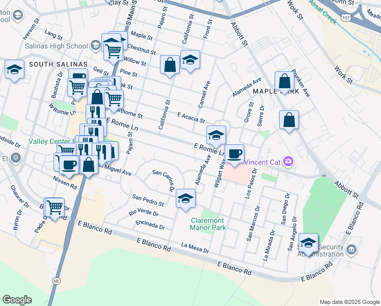 map of restaurants, bars, coffee shops, grocery stores, and more near 321 Katherine Avenue in Salinas