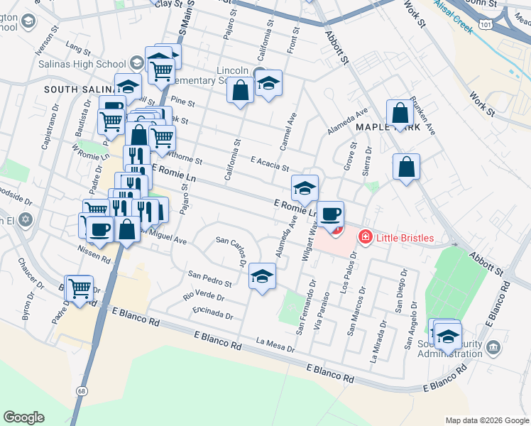 map of restaurants, bars, coffee shops, grocery stores, and more near 321 Katherine Avenue in Salinas
