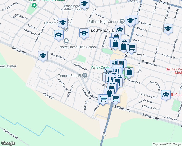 map of restaurants, bars, coffee shops, grocery stores, and more near 130 Nissen Road in Salinas