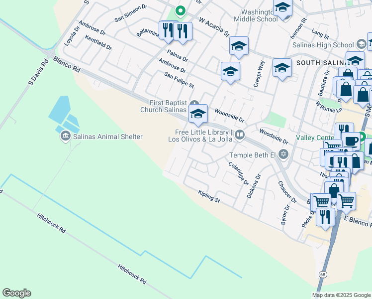 map of restaurants, bars, coffee shops, grocery stores, and more near 1354 Las Cruces Court in Salinas