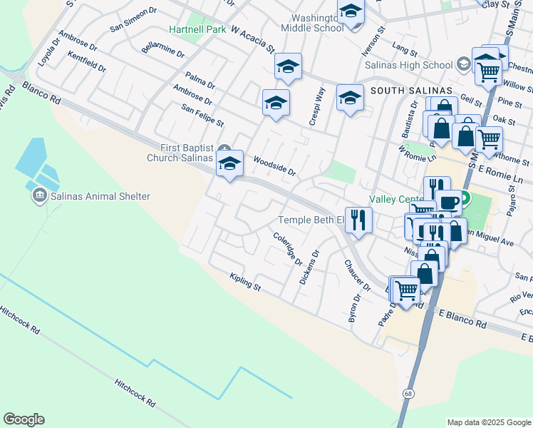 map of restaurants, bars, coffee shops, grocery stores, and more near 451 La Jolla Way in Salinas